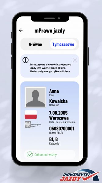 Tymczasowe elektroniczne prawo jazdy.