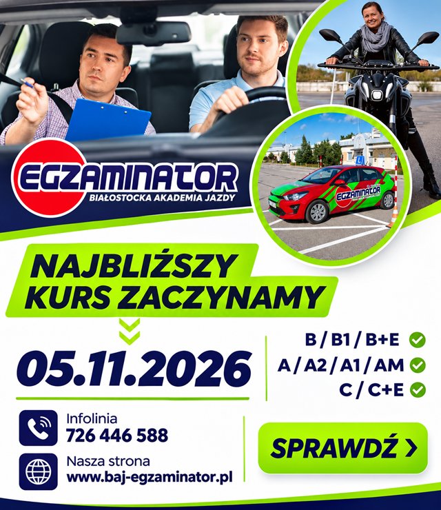 Białostocka Akademia Jazdy EGZAMINATOR – reklama